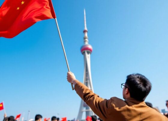 安顺斜塔前挥舞的中国旗